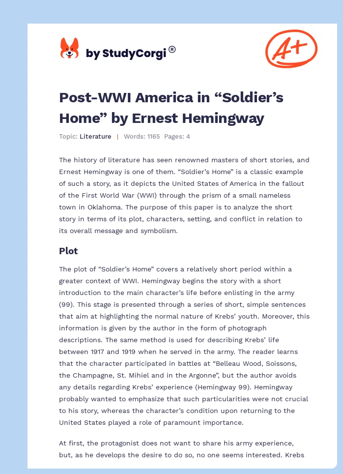 Post-WWI America in “Soldier’s Home” by Ernest Hemingway. Page 1