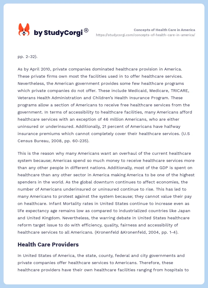 Concepts of Health Care in America. Page 2