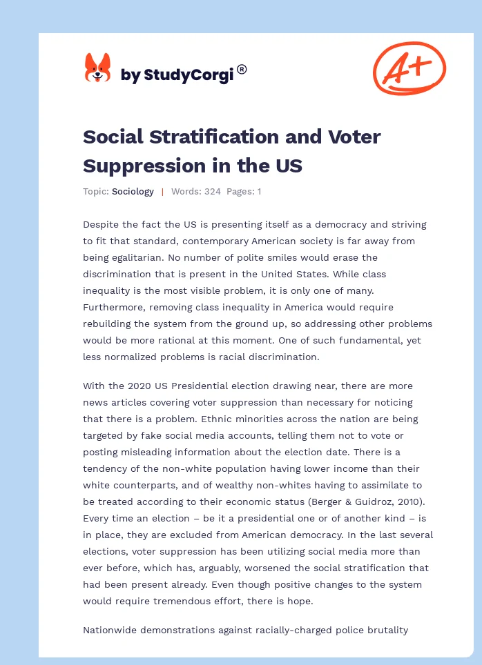 Social Stratification and Voter Suppression in the US. Page 1
