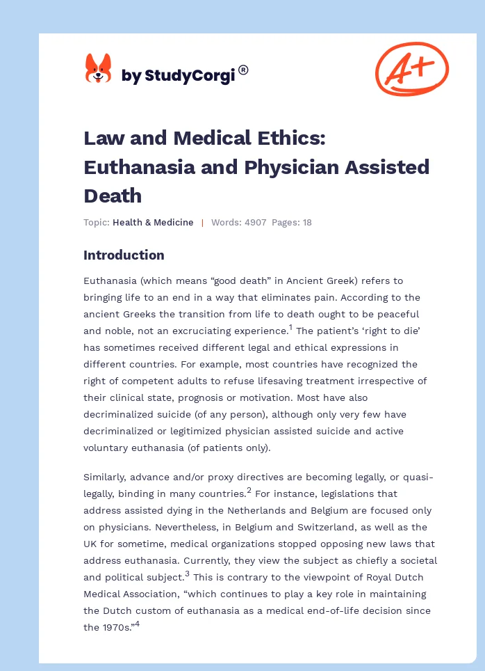 Law and Medical Ethics: Euthanasia and Physician Assisted Death. Page 1