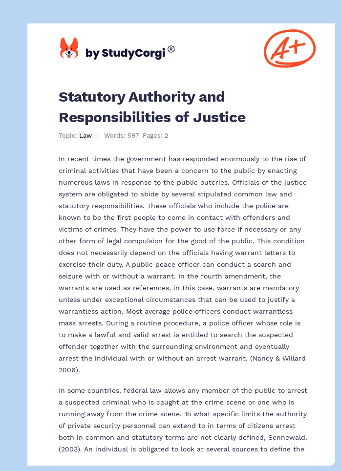 Statutory Authority and Responsibilities of Justice. Page 1