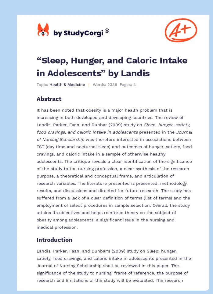 “Sleep, Hunger, and Caloric Intake in Adolescents” by Landis. Page 1