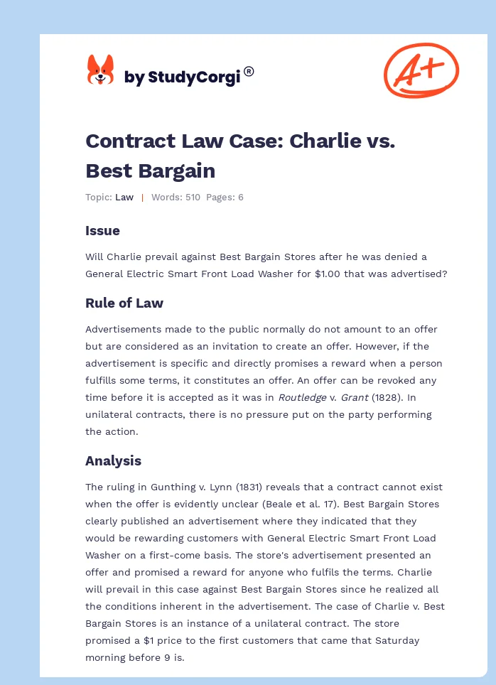 Contract Law Case: Charlie vs. Best Bargain. Page 1