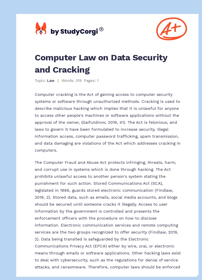 Computer Law on Data Security and Cracking. Page 1