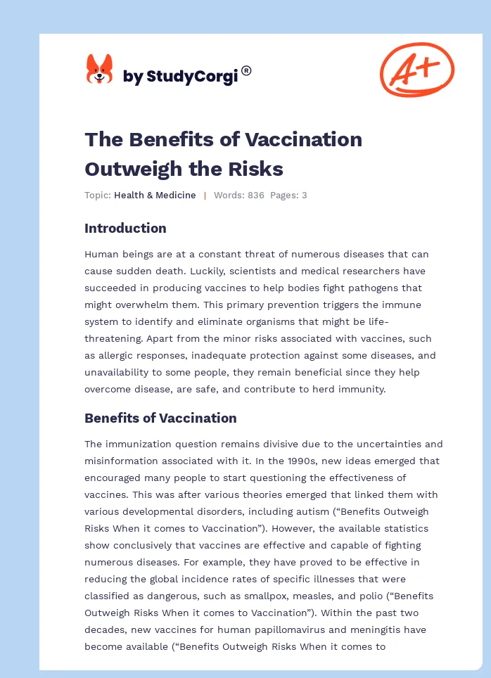 The Benefits of Vaccination Outweigh the Risks. Page 1