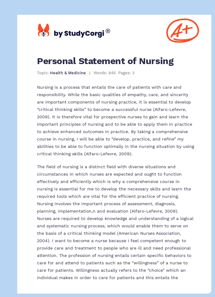 Personal Statement of Nursing. Page 1