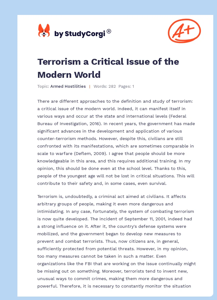 Terrorism a Critical Issue of the Modern World. Page 1