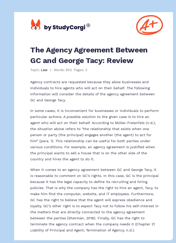 The Agency Agreement Between GC and George Tacy: Review. Page 1