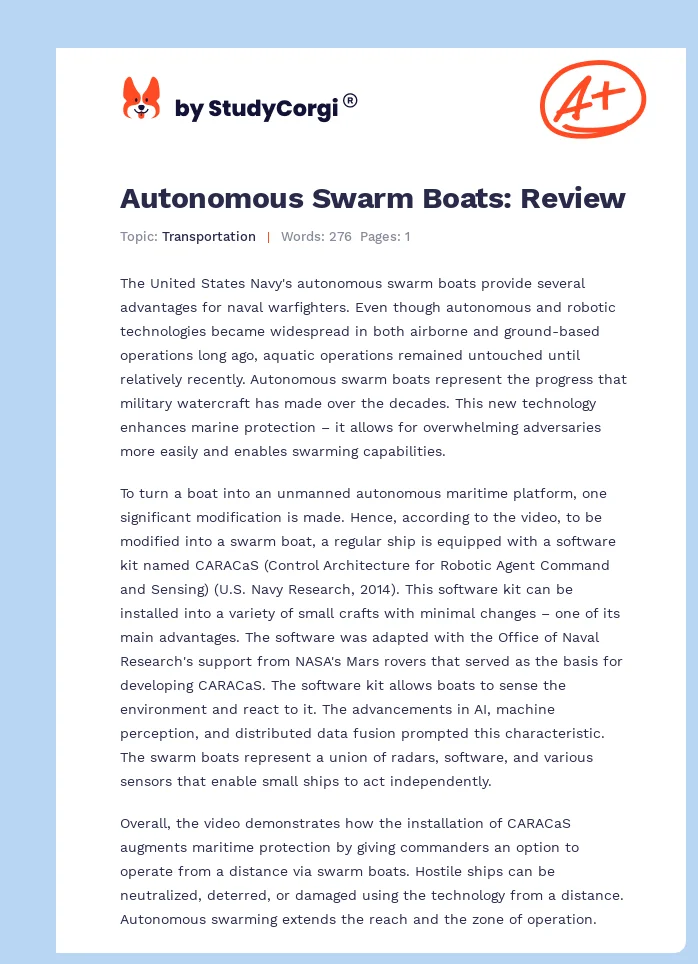 Autonomous Swarm Boats: Review. Page 1