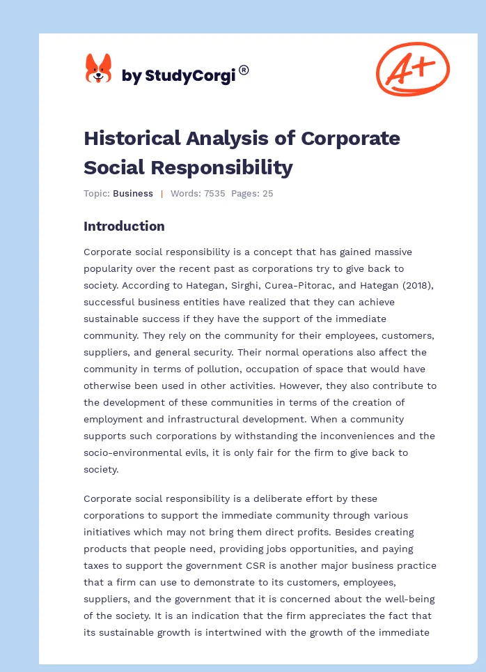 Historical Analysis of Corporate Social Responsibility. Page 1