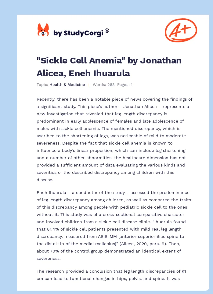 "Sickle Cell Anemia" by Jonathan Alicea, Eneh Ihuarula. Page 1