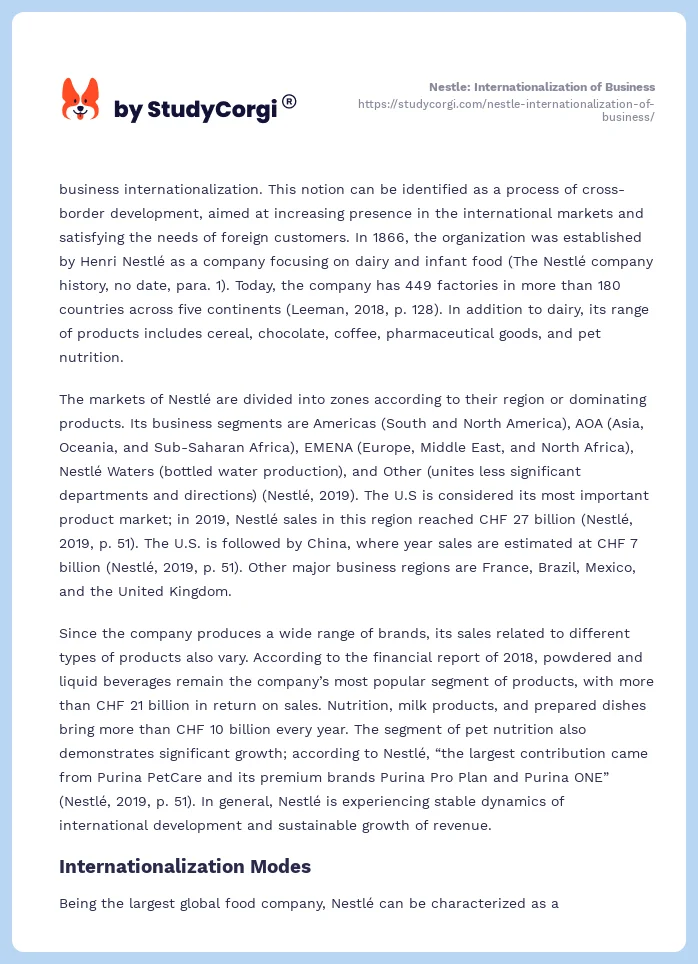 Nestle: Internationalization of Business. Page 2
