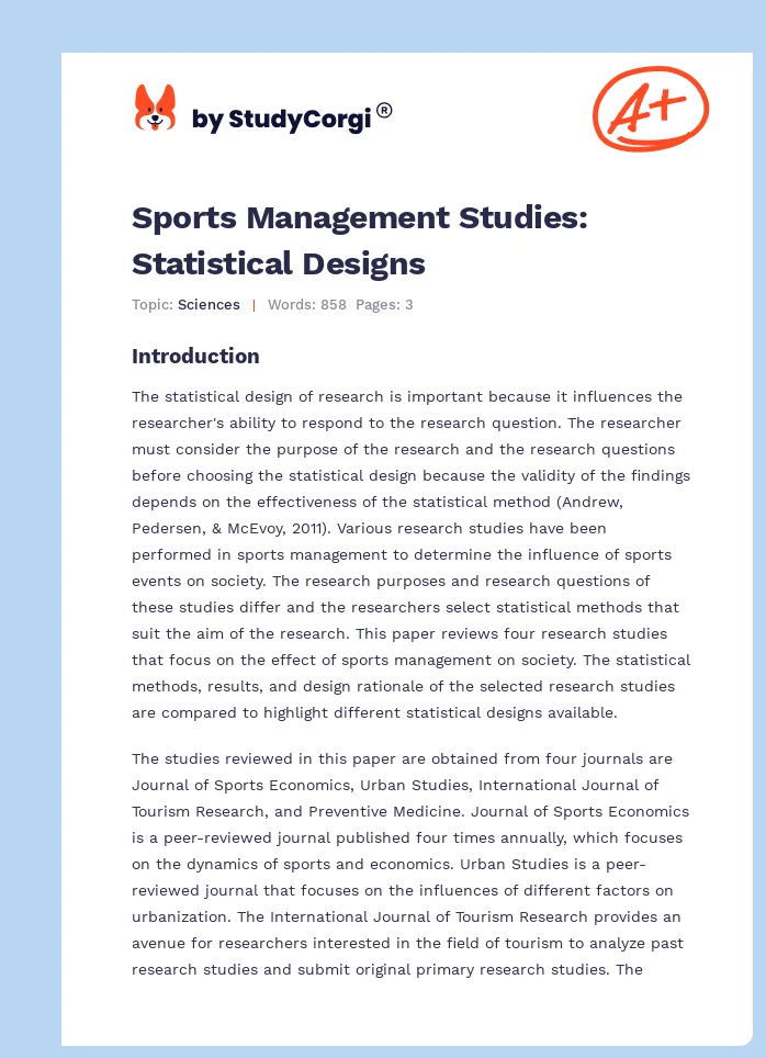 Sports Management Studies: Statistical Designs. Page 1