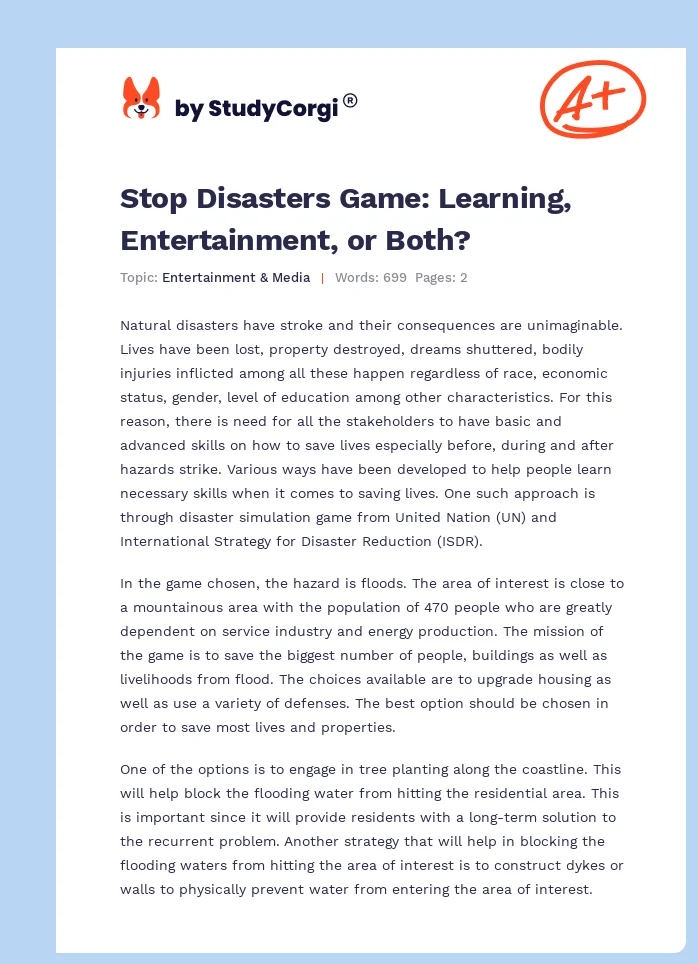 Stop Disasters Game: Learning, Entertainment, or Both?. Page 1