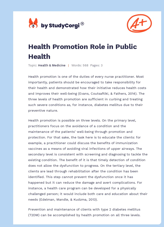 Health Promotion Role in Public Health. Page 1