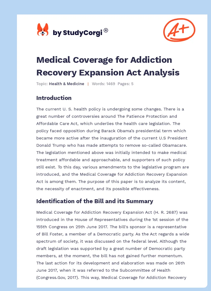 Medical Coverage for Addiction Recovery Expansion Act Analysis. Page 1