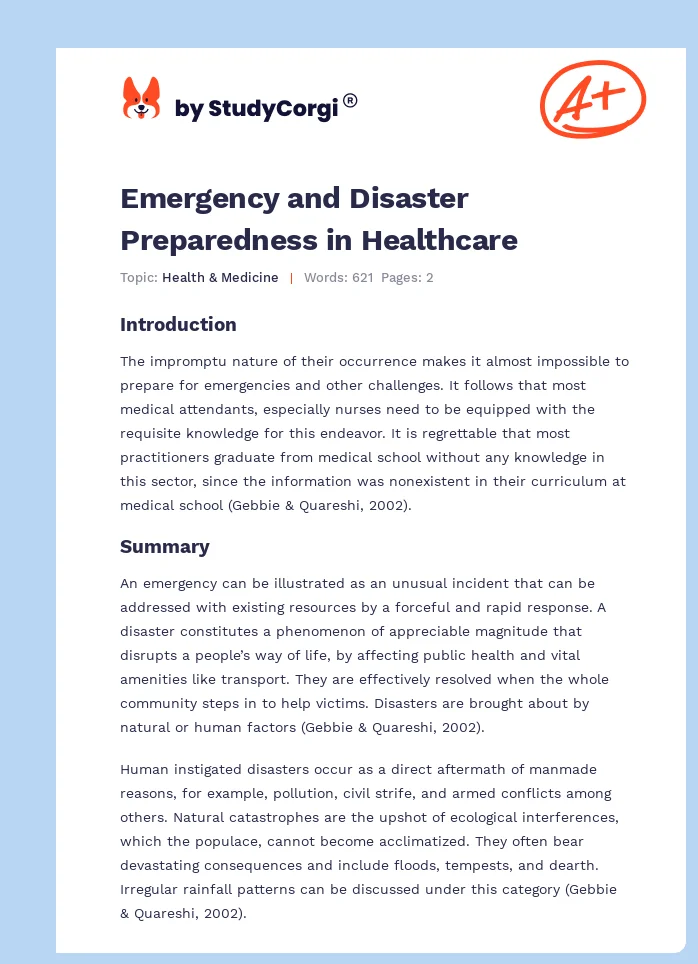 Emergency and Disaster Preparedness in Healthcare. Page 1
