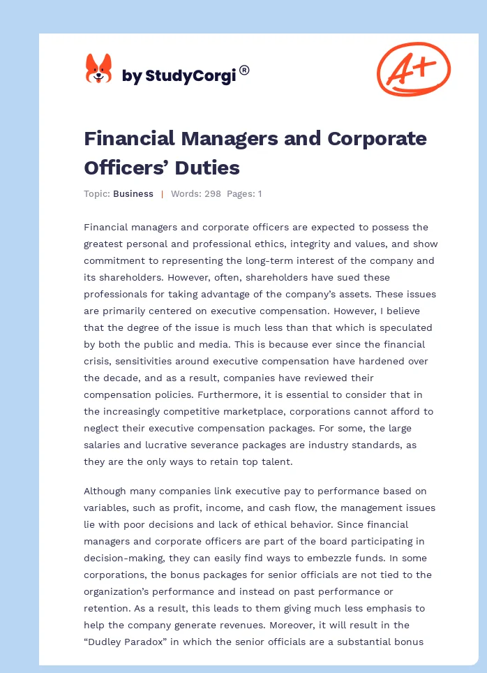 Financial Managers and Corporate Officers’ Duties. Page 1
