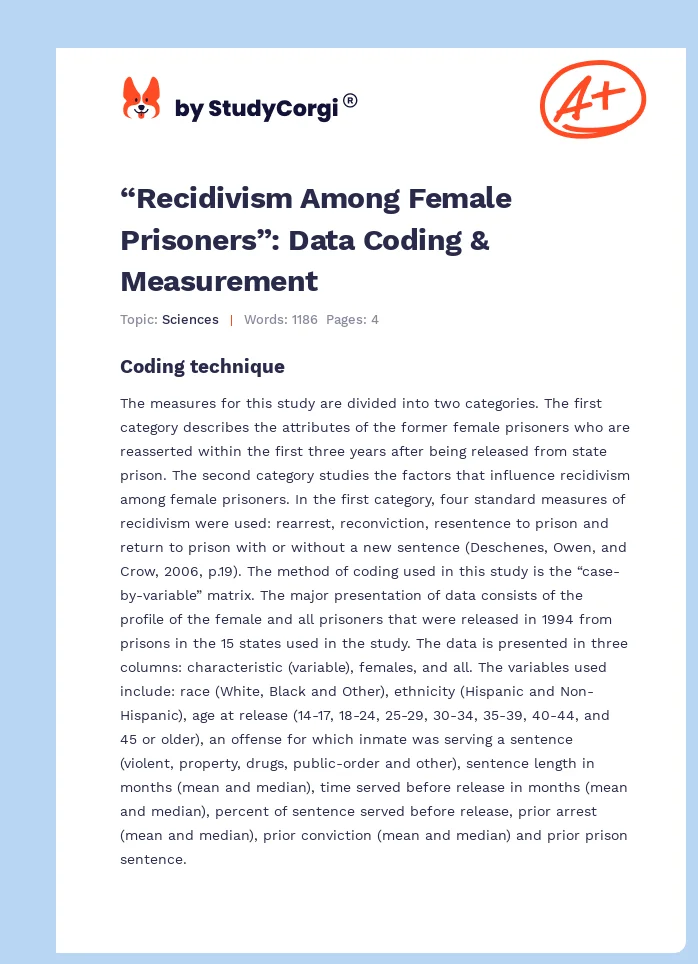 “Recidivism Among Female Prisoners”: Data Coding & Measurement. Page 1