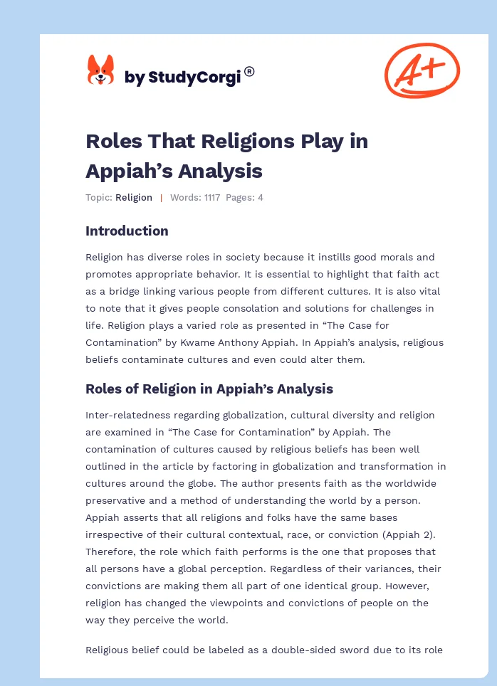 Roles That Religions Play in Appiah’s Analysis. Page 1