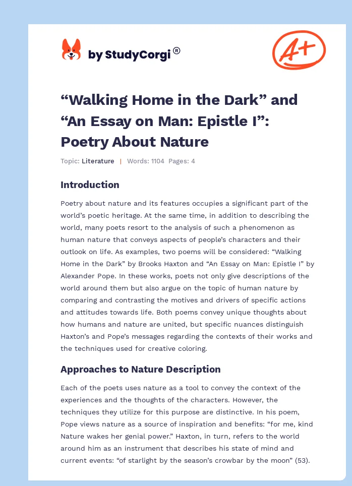 “Walking Home in the Dark” and “An Essay on Man: Epistle I”: Poetry About Nature. Page 1