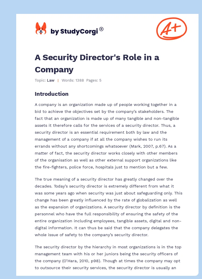 A Security Director's Role in a Company. Page 1
