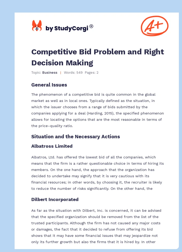 Competitive Bid Problem and Right Decision Making. Page 1