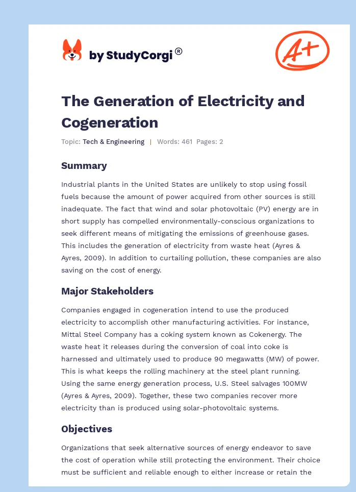 The Generation of Electricity and Cogeneration. Page 1