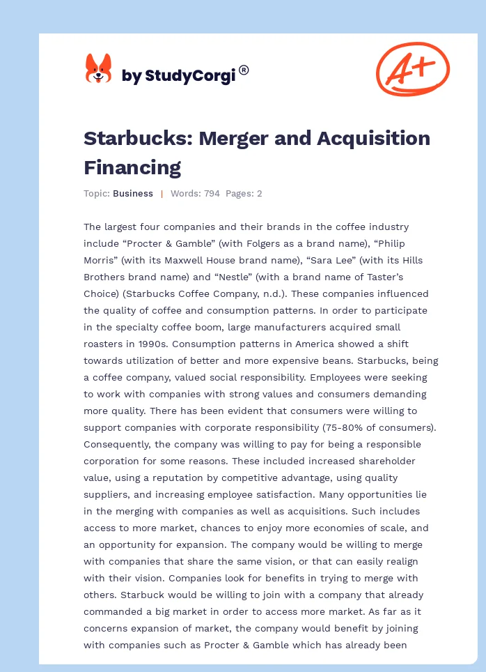 Starbucks: Merger and Acquisition Financing. Page 1