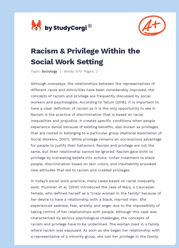 Racism & Privilege Within the Social Work Setting. Page 1