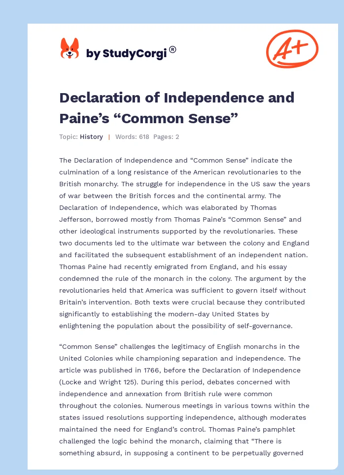 Declaration of Independence and Paine’s “Common Sense”. Page 1