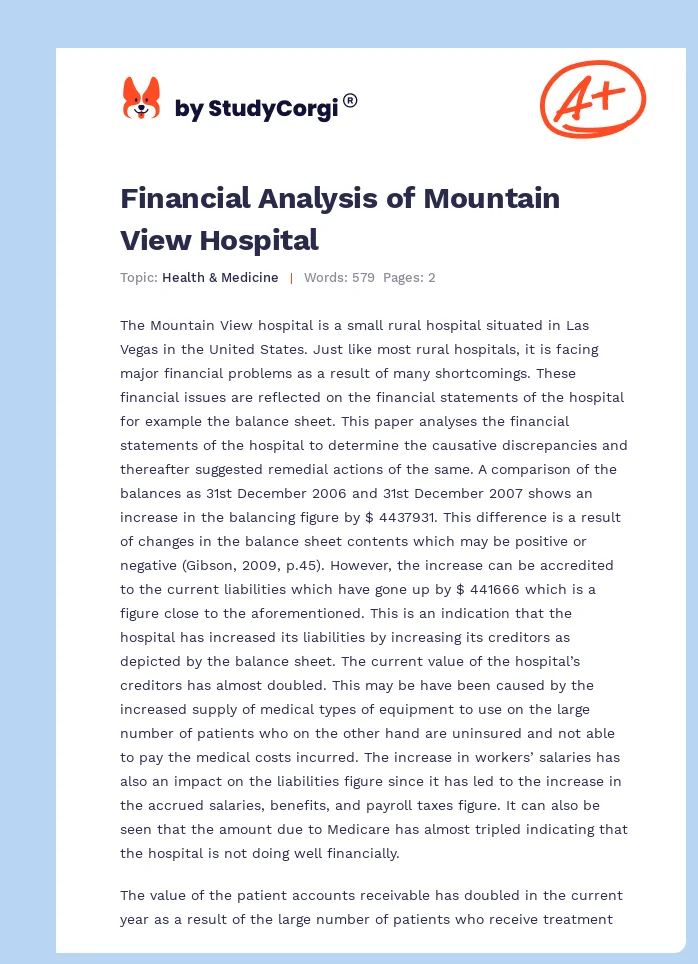 Financial Analysis of Mountain View Hospital. Page 1