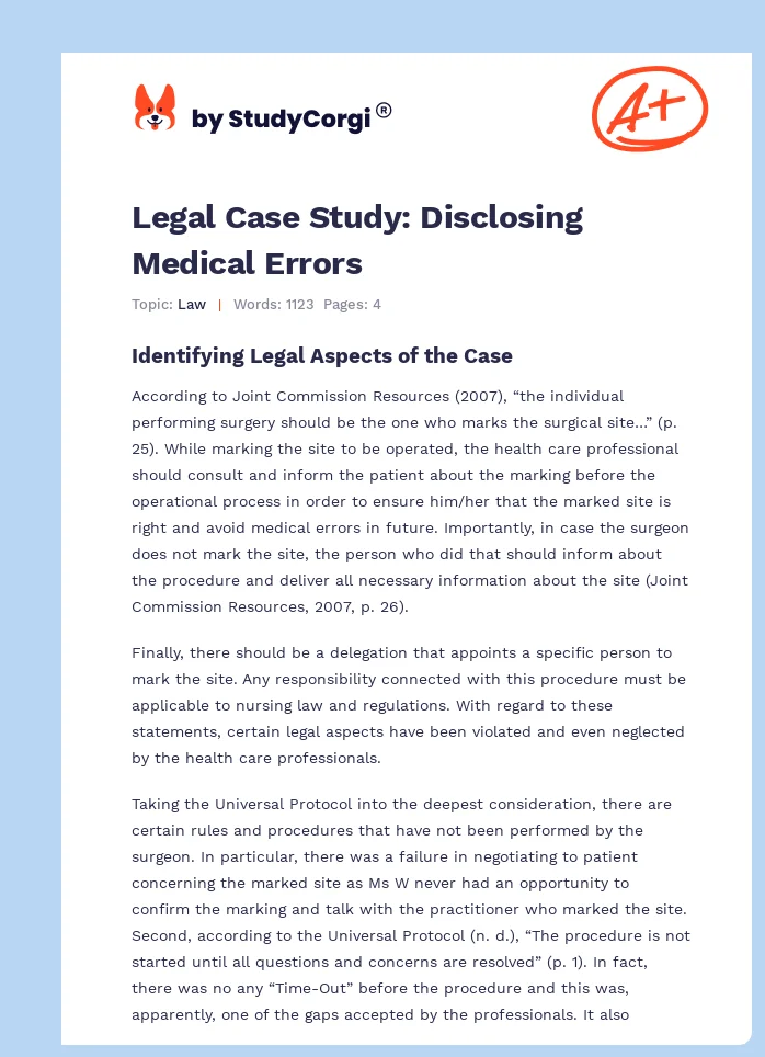 Legal Case Study: Disclosing Medical Errors. Page 1