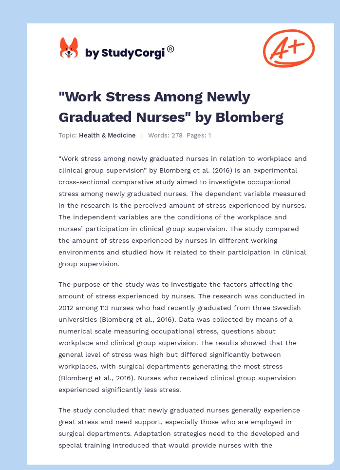 "Work Stress Among Newly Graduated Nurses" by Blomberg. Page 1