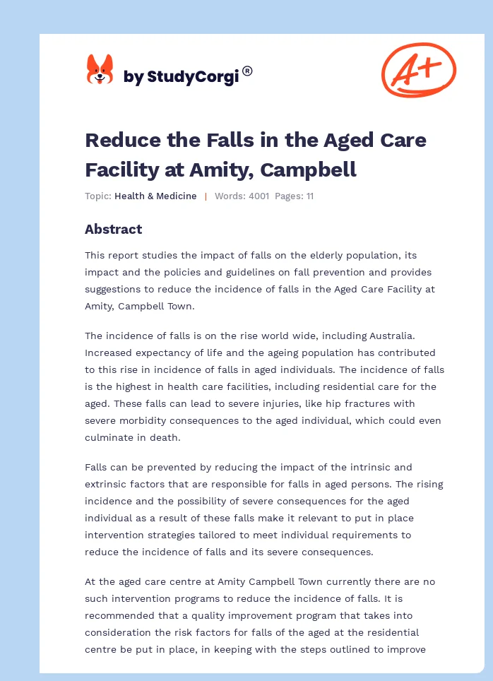 Reduce the Falls in the Aged Care Facility at Amity, Campbell. Page 1