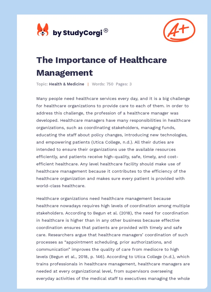 The Importance of Healthcare Management. Page 1