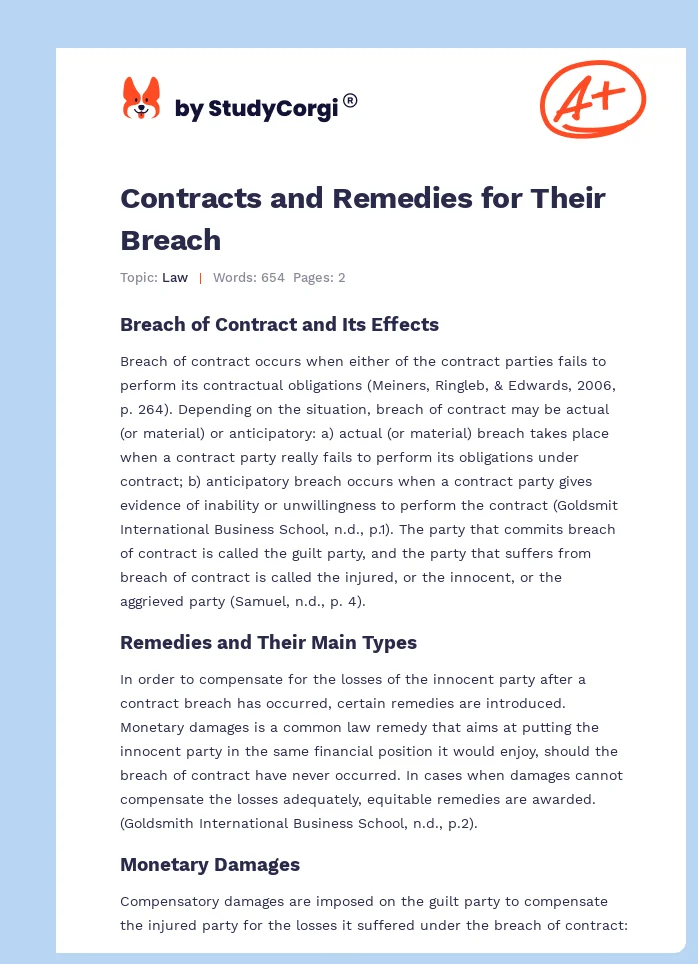 Contracts and Remedies for Their Breach. Page 1