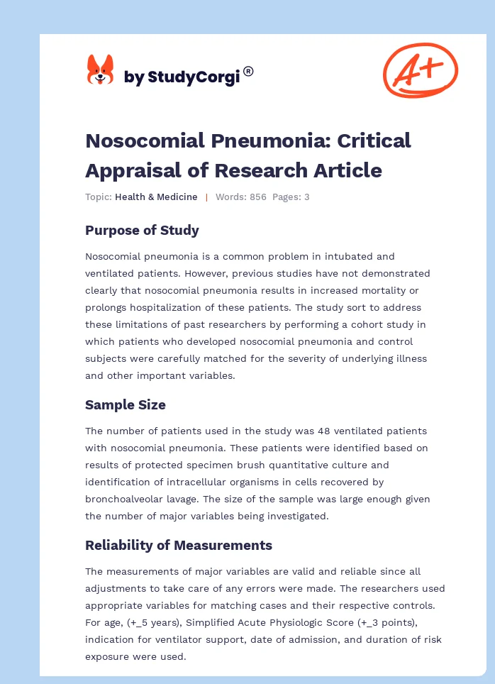 Nosocomial Pneumonia: Critical Appraisal of Research Article. Page 1