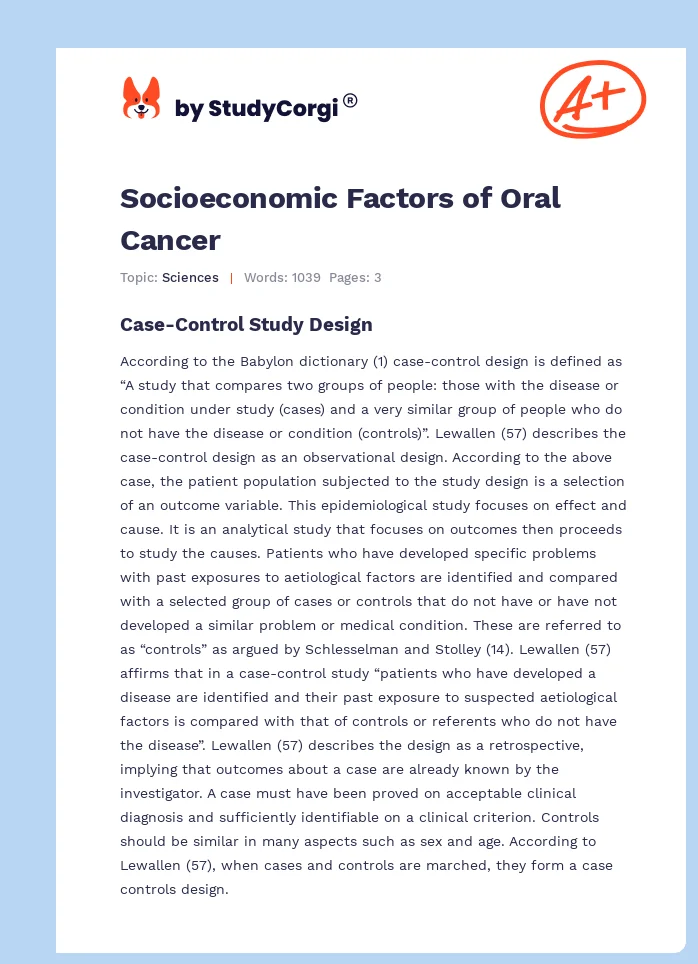 Socioeconomic Factors of Oral Cancer. Page 1