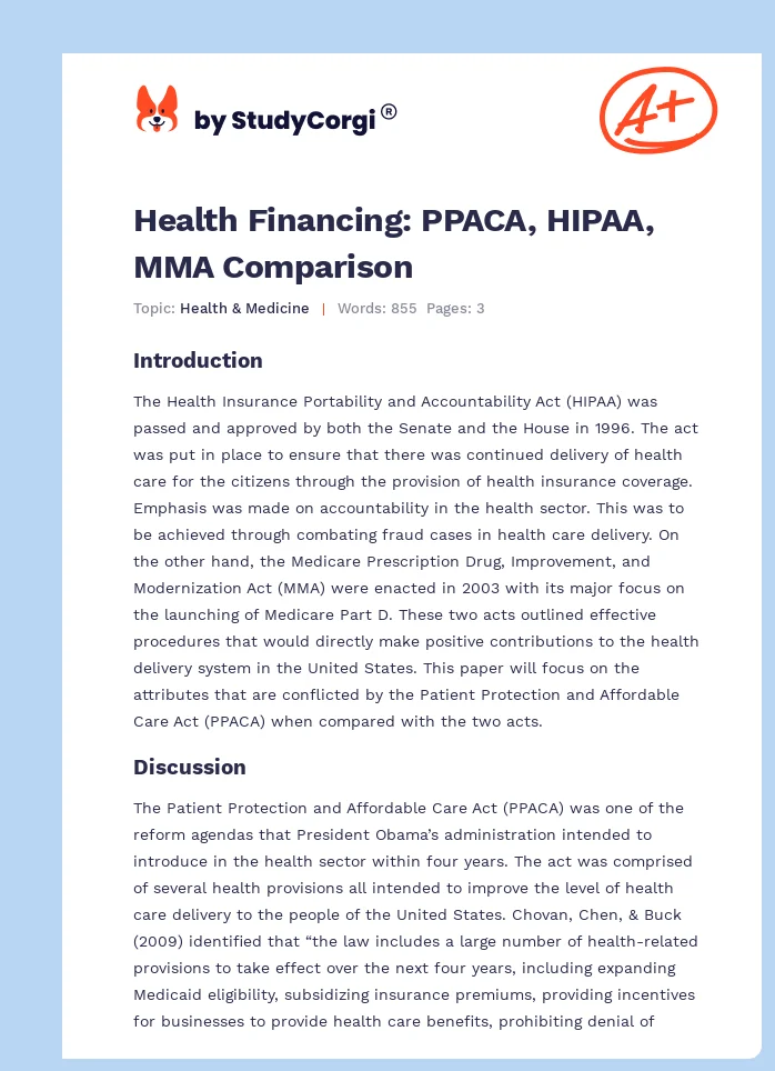 Health Financing: PPACA, HIPAA, MMA Comparison. Page 1