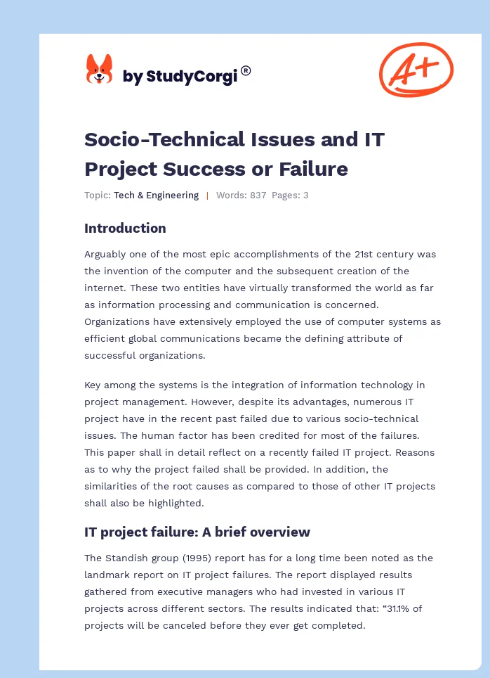 Socio-Technical Issues and IT Project Success or Failure. Page 1
