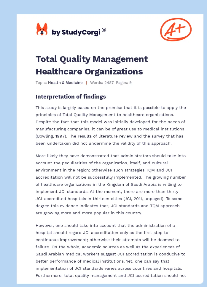 Total Quality Management Healthcare Organizations. Page 1