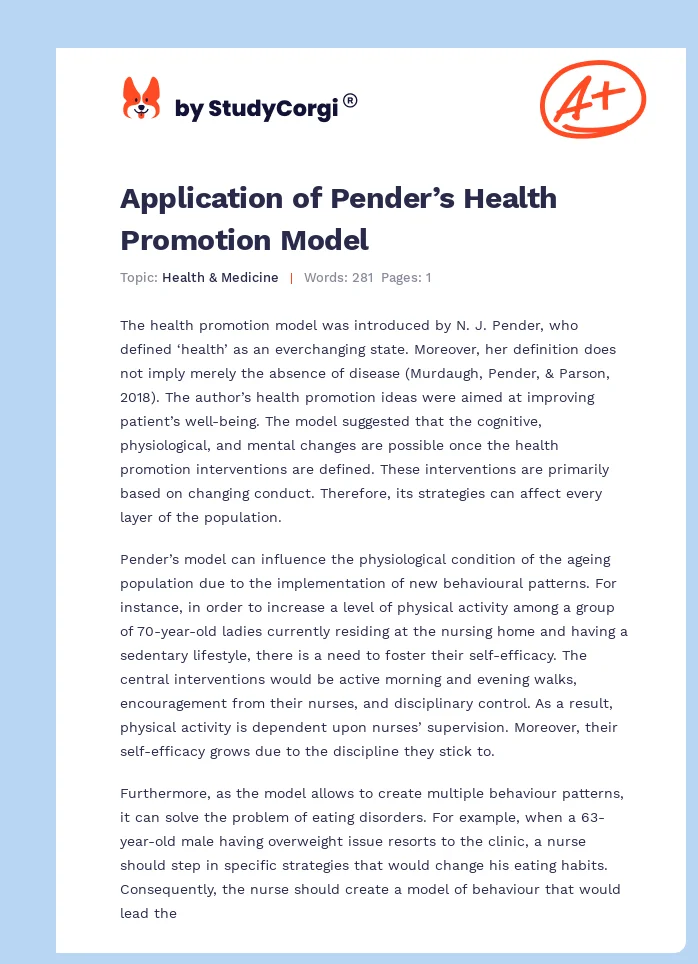 Application of Pender’s Health Promotion Model. Page 1