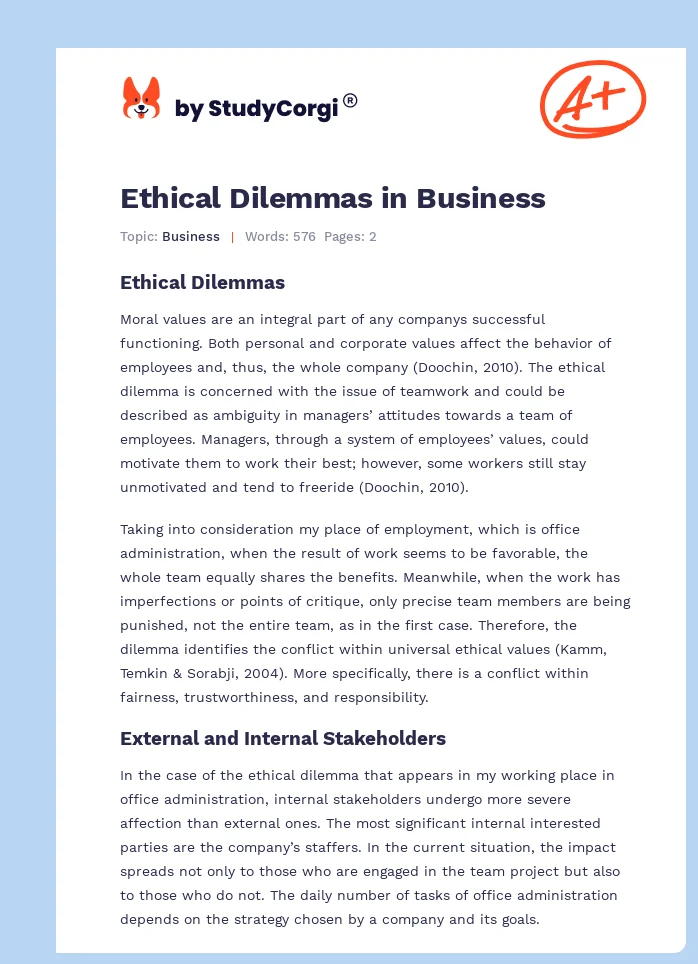 Ethical Dilemmas in Business. Page 1