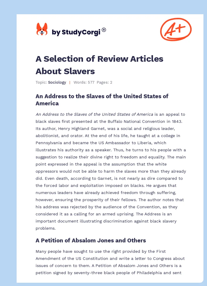 A Selection of Review Articles About Slavers. Page 1