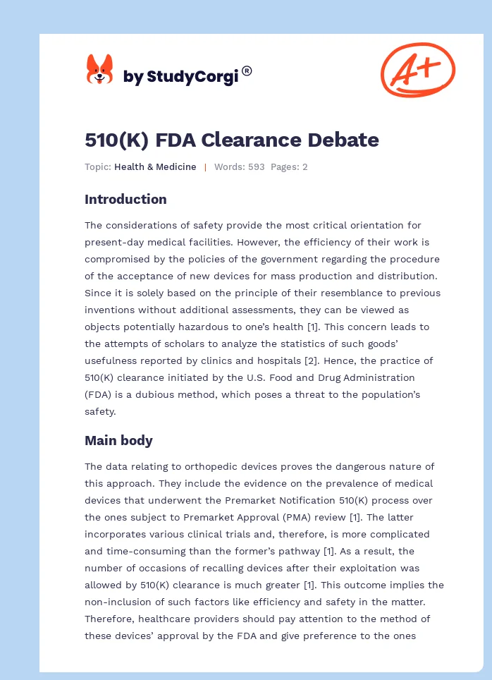 510(K) FDA Clearance Debate. Page 1