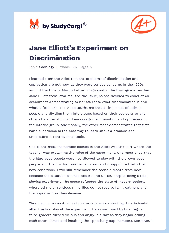 Jane Elliott’s Experiment on Discrimination. Page 1