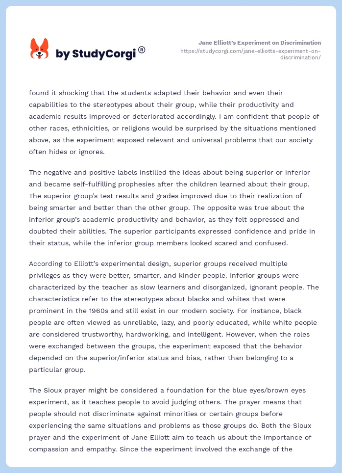 Jane Elliott’s Experiment on Discrimination. Page 2