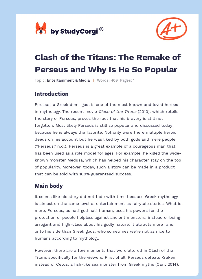 Clash of the Titans: The Remake of Perseus and Why Is He So Popular. Page 1