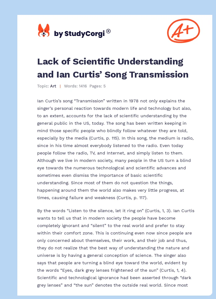 Lack of Scientific Understanding and Ian Curtis’ Song Transmission. Page 1